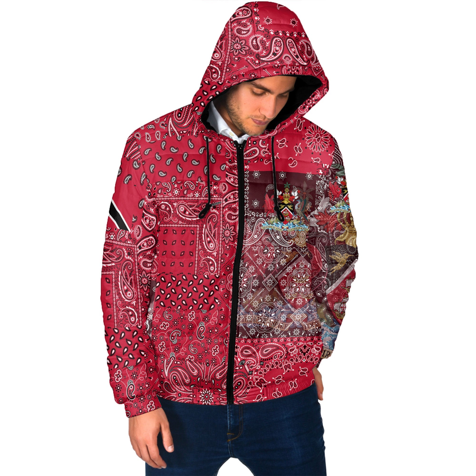 Trinidad And Tobago Men Hooded Padded Jacket Paisley Flag And Skull Style 2