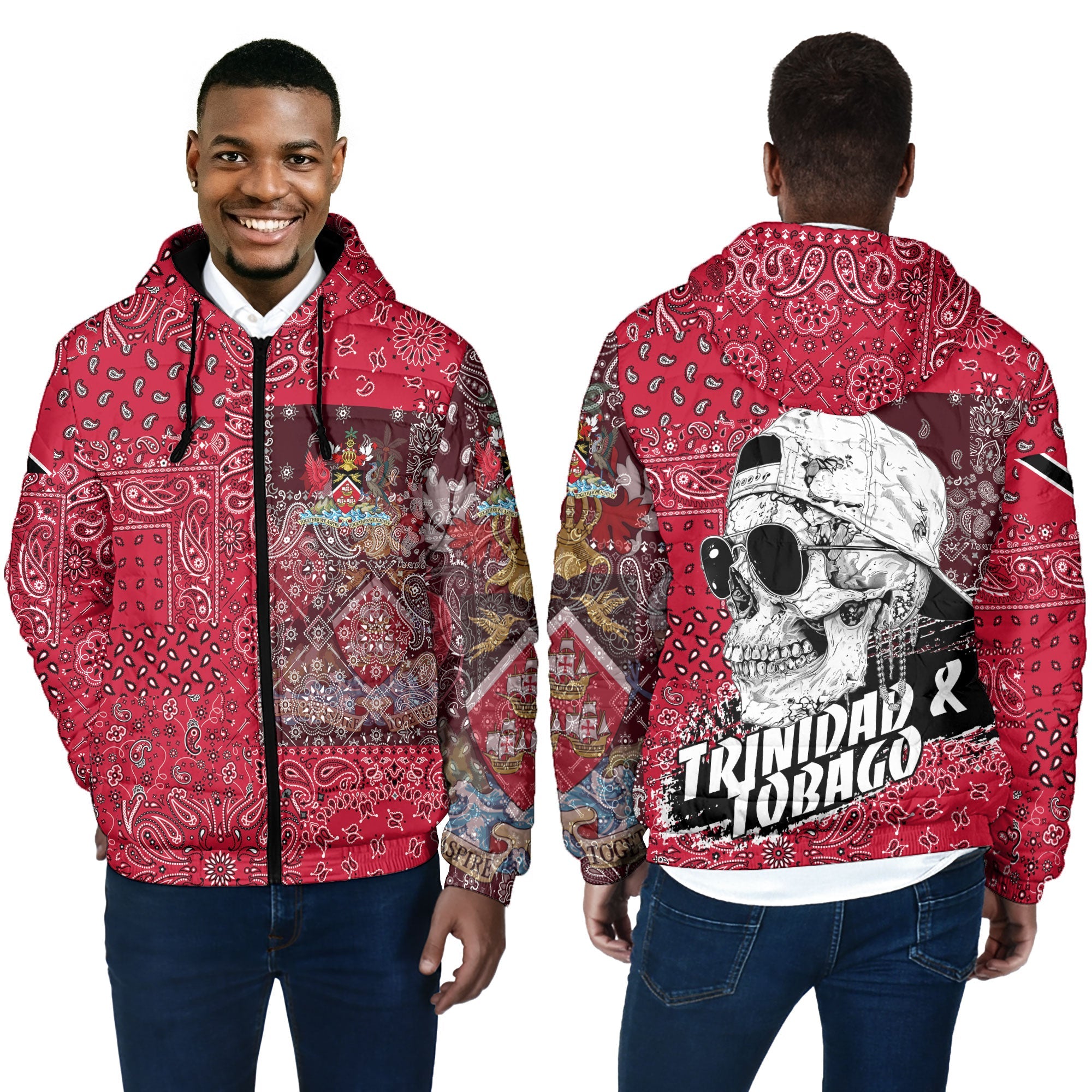 Trinidad And Tobago Men Hooded Padded Jacket Paisley Flag And Skull Style 4