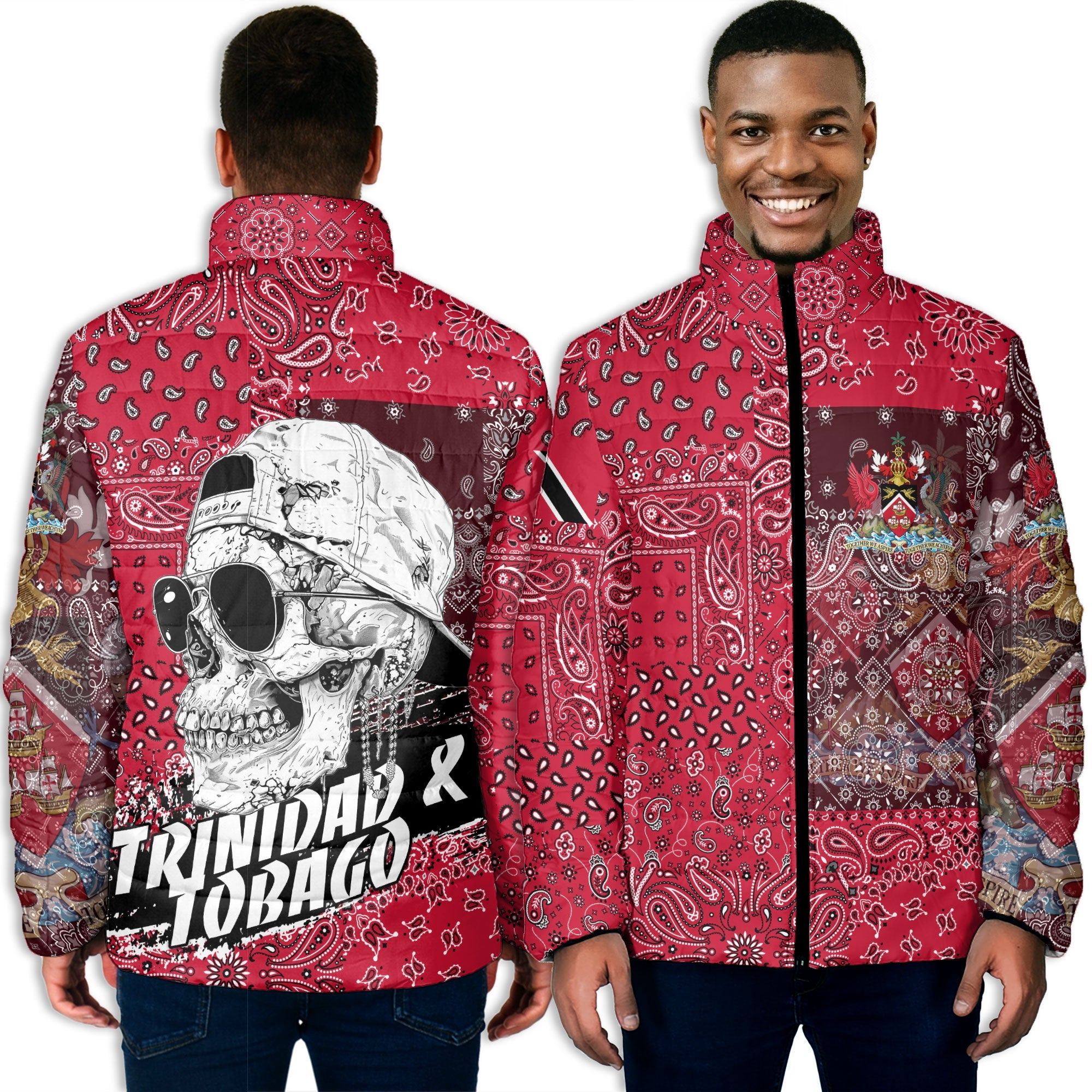 Trinidad And Tobago Men Padded Jacket Paisley Flag And Skull Style 3