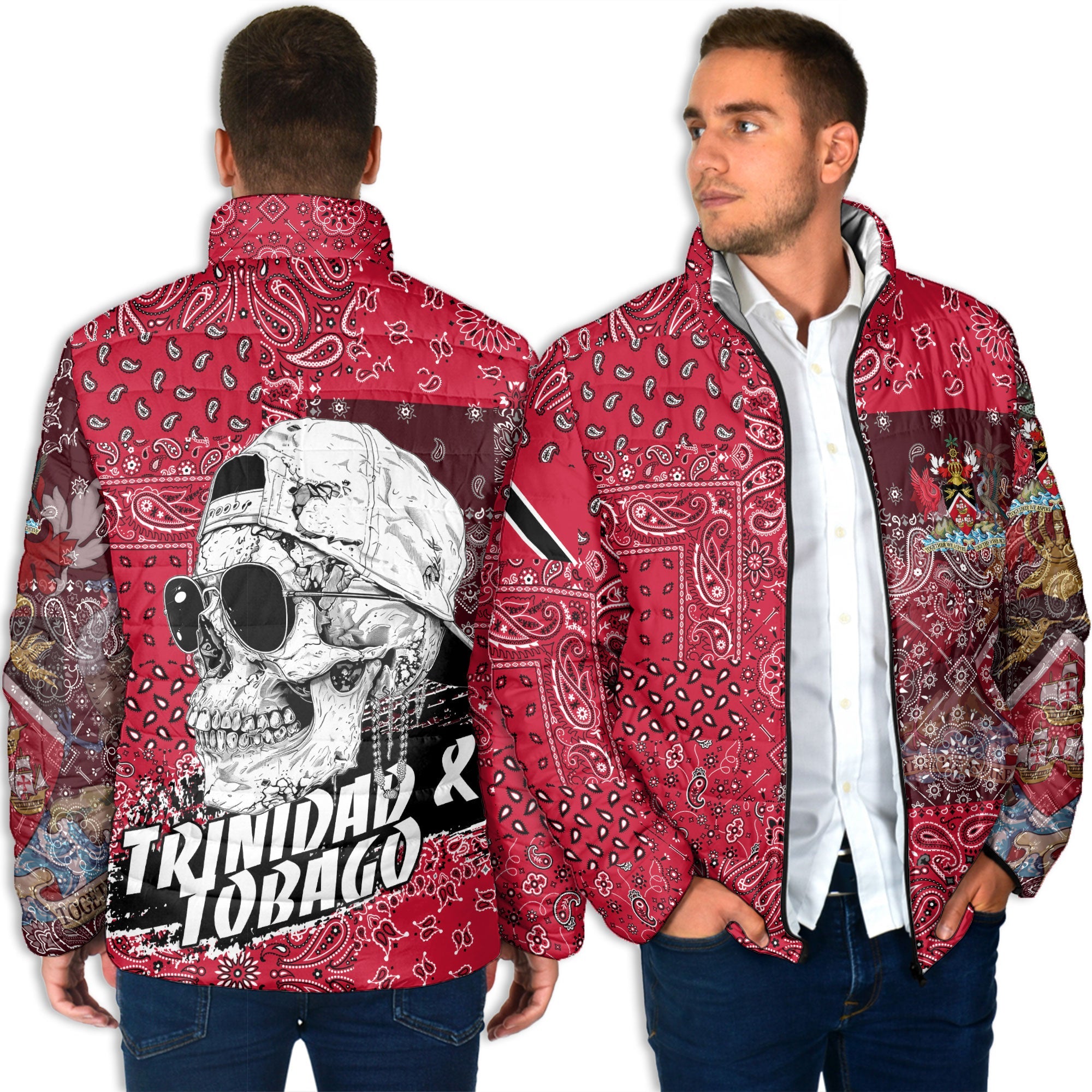 Trinidad And Tobago Men Padded Jacket Paisley Flag And Skull Style 4