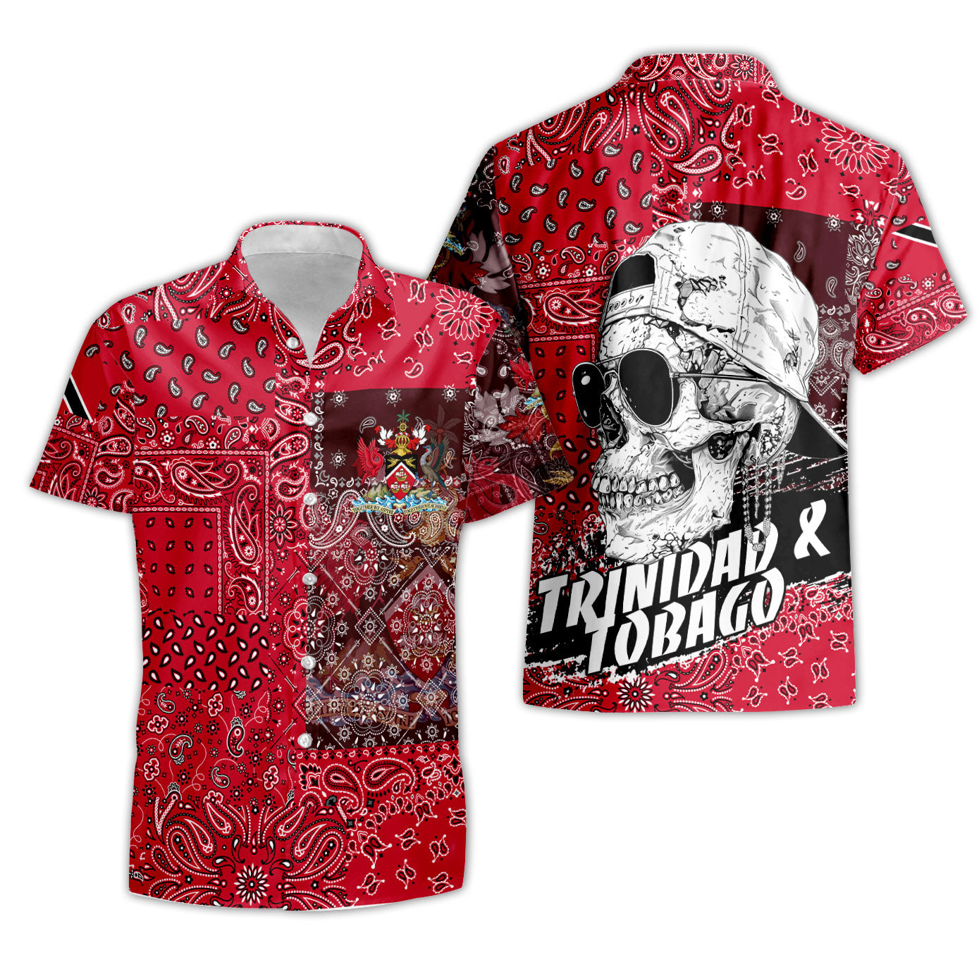 Trinidad And Tobago Short Sleeve Shirt Paisley Flag And Skull Style 3