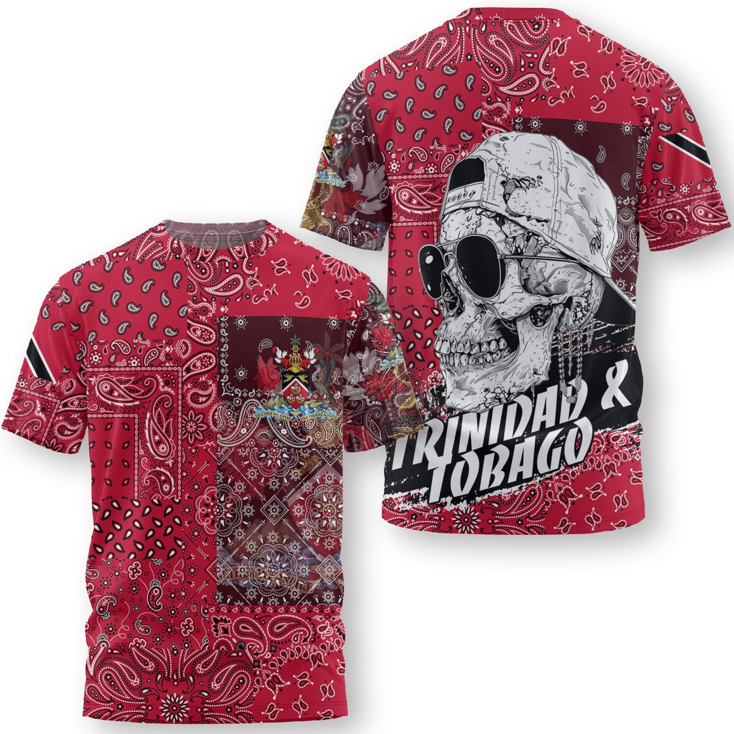 Trinidad And Tobago T Shirt Paisley Flag And Skull Style 3