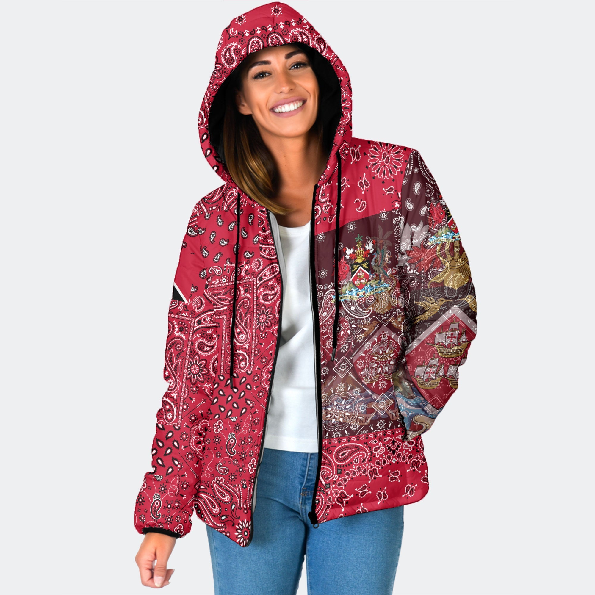 Trinidad And Tobago Women Hooded Padded Jacket Paisley Flag And Skull Style 1