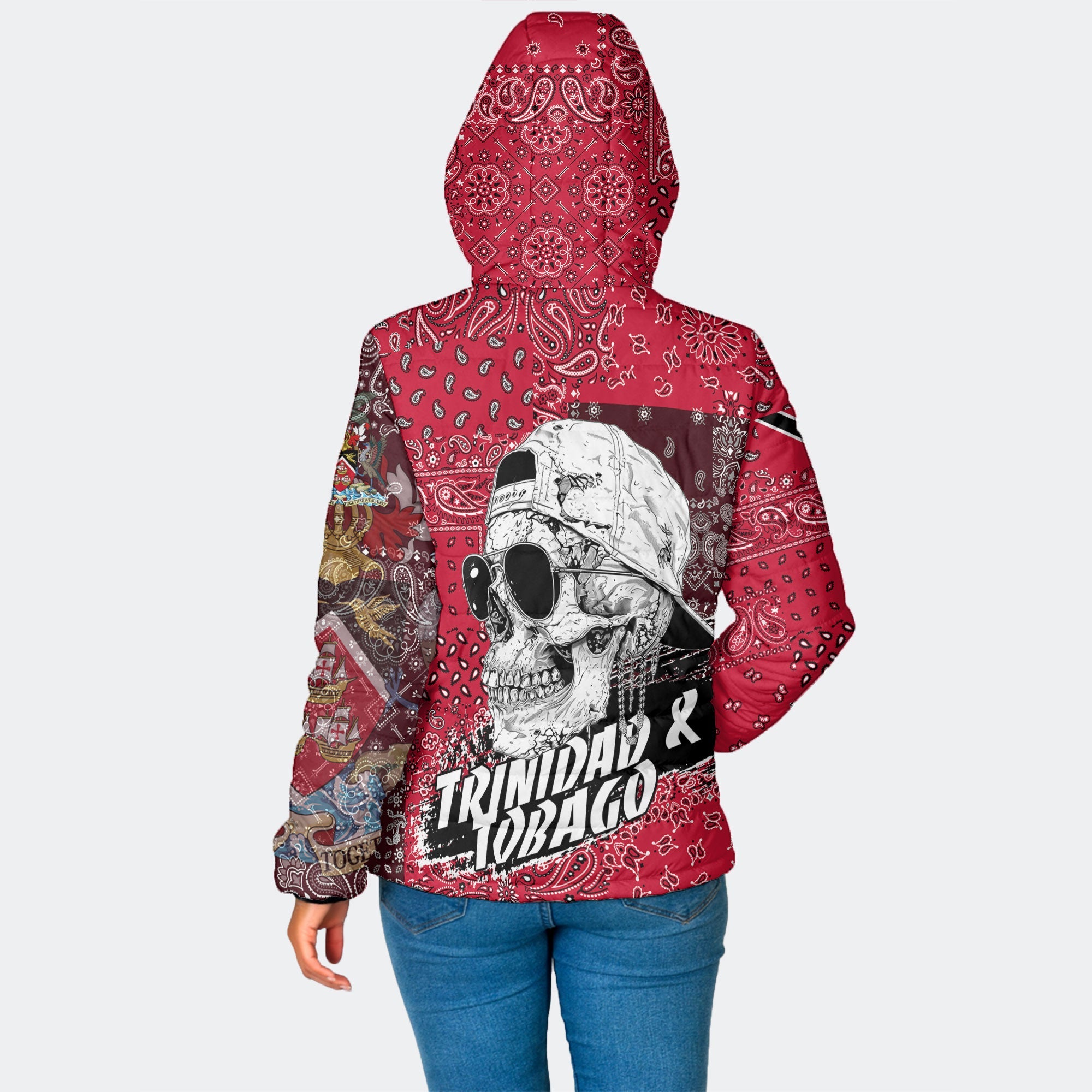 Trinidad And Tobago Women Hooded Padded Jacket Paisley Flag And Skull Style 2