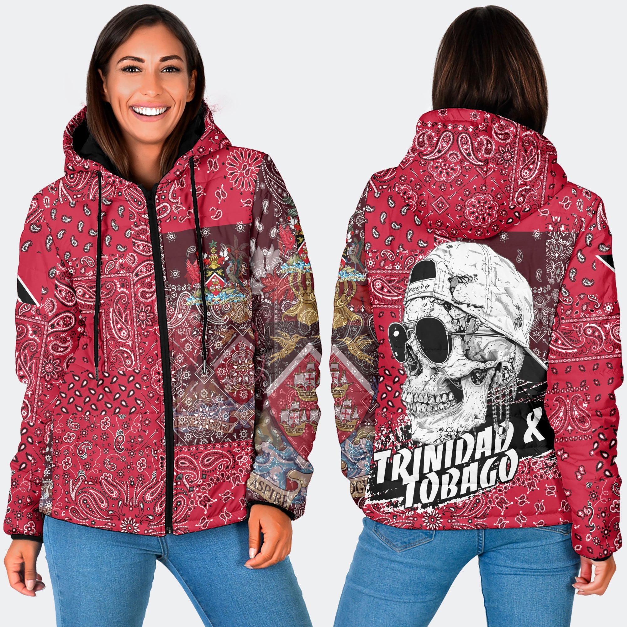 Trinidad And Tobago Women Hooded Padded Jacket Paisley Flag And Skull Style 3