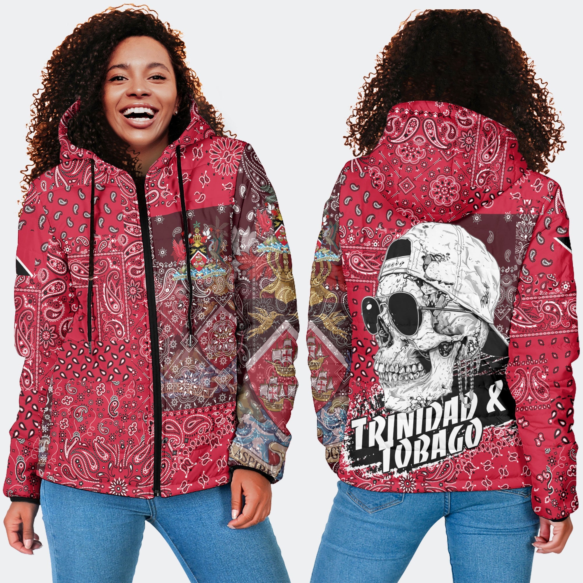 Trinidad And Tobago Women Hooded Padded Jacket Paisley Flag And Skull Style 4