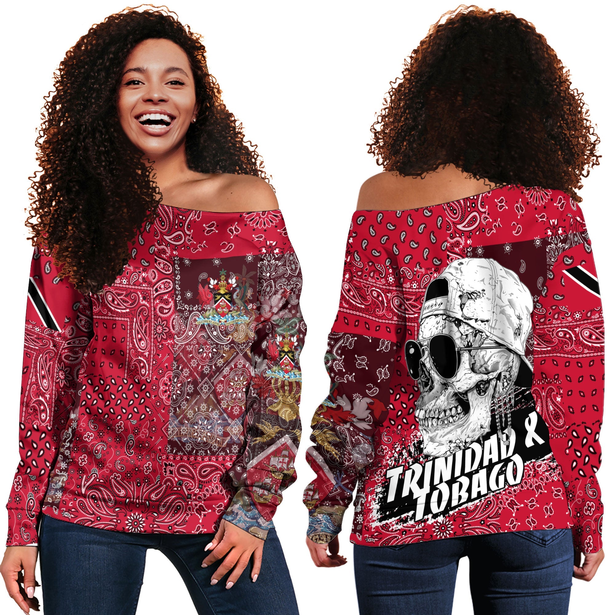 Trinidad And Tobago Women Off Shoulder Sweatshirt Paisley Flag And Skull Style 1