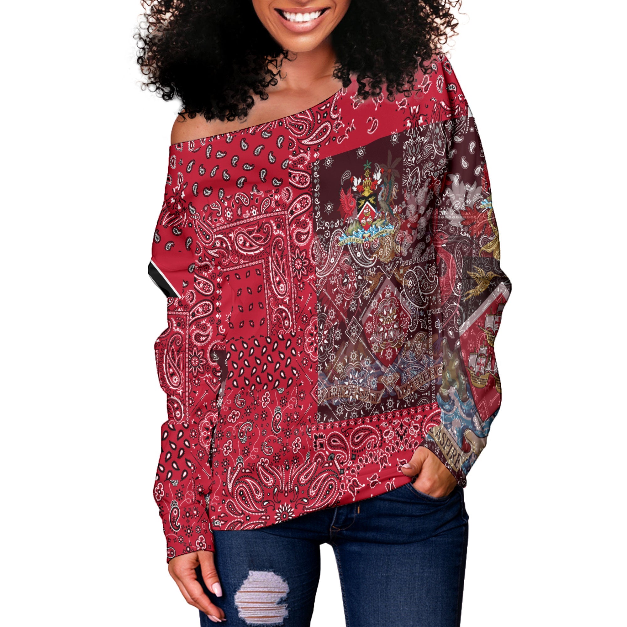 Trinidad And Tobago Women Off Shoulder Sweatshirt Paisley Flag And Skull Style 2