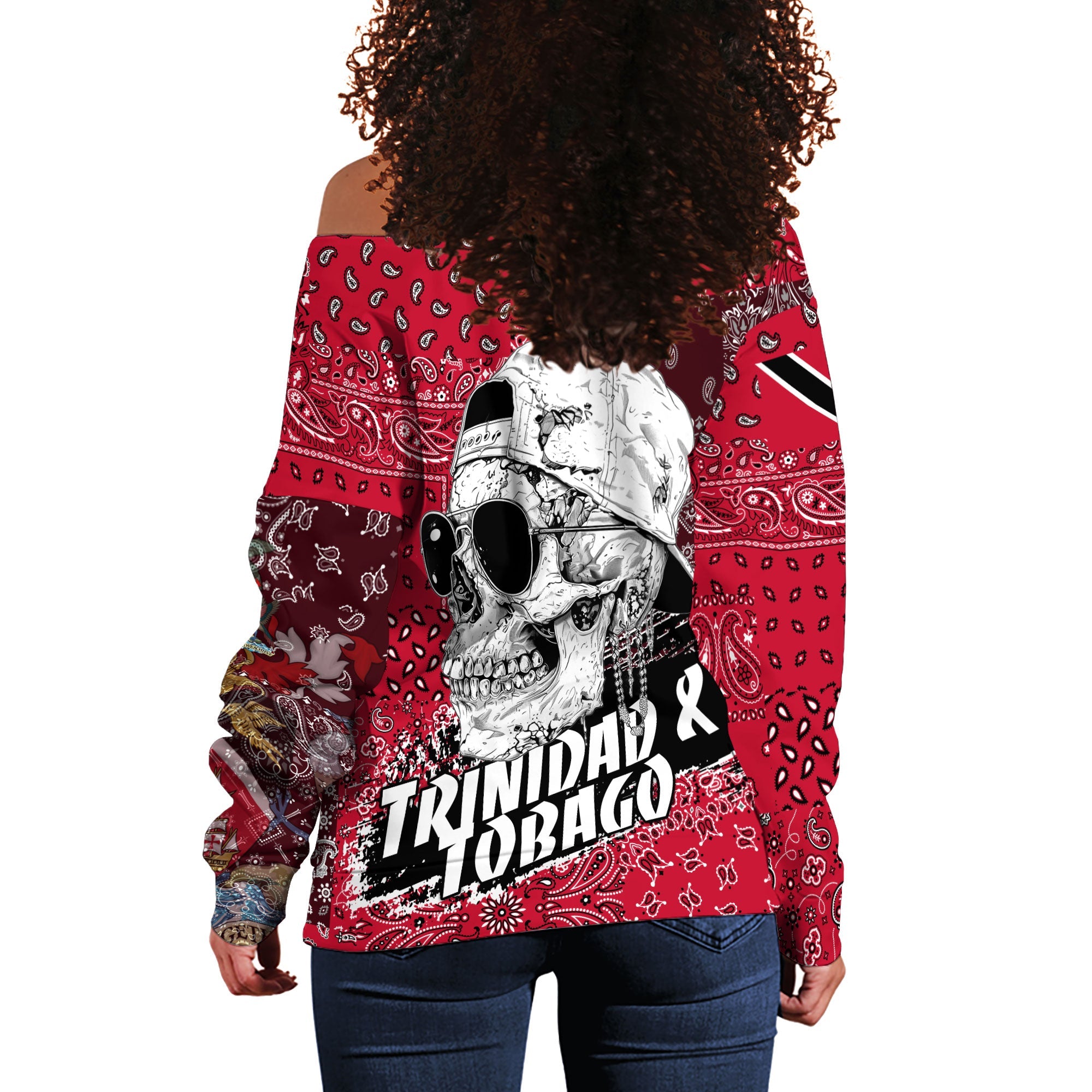 Trinidad And Tobago Women Off Shoulder Sweatshirt Paisley Flag And Skull Style 3