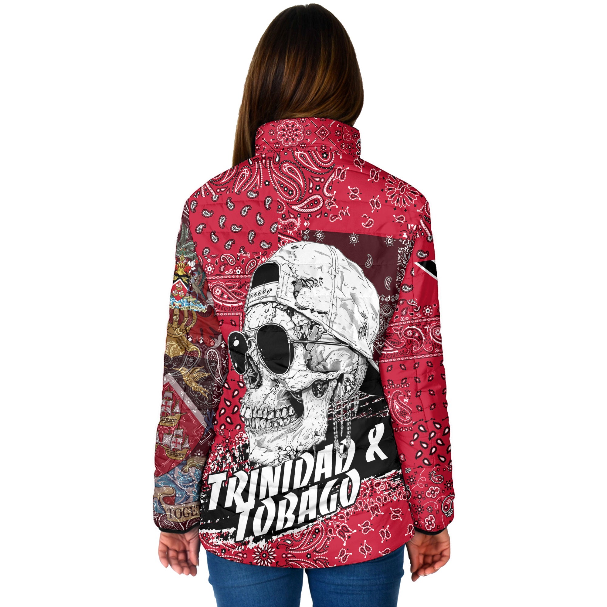 Trinidad And Tobago Women Padded Jacket Paisley Flag And Skull Style 2