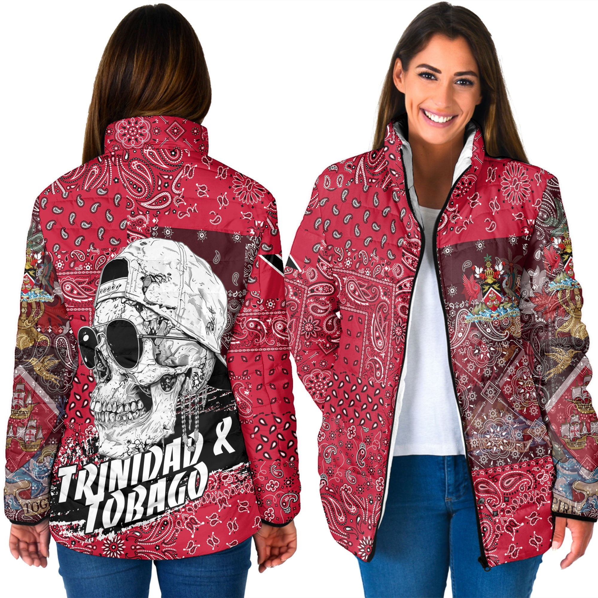 Trinidad And Tobago Women Padded Jacket Paisley Flag And Skull Style 3