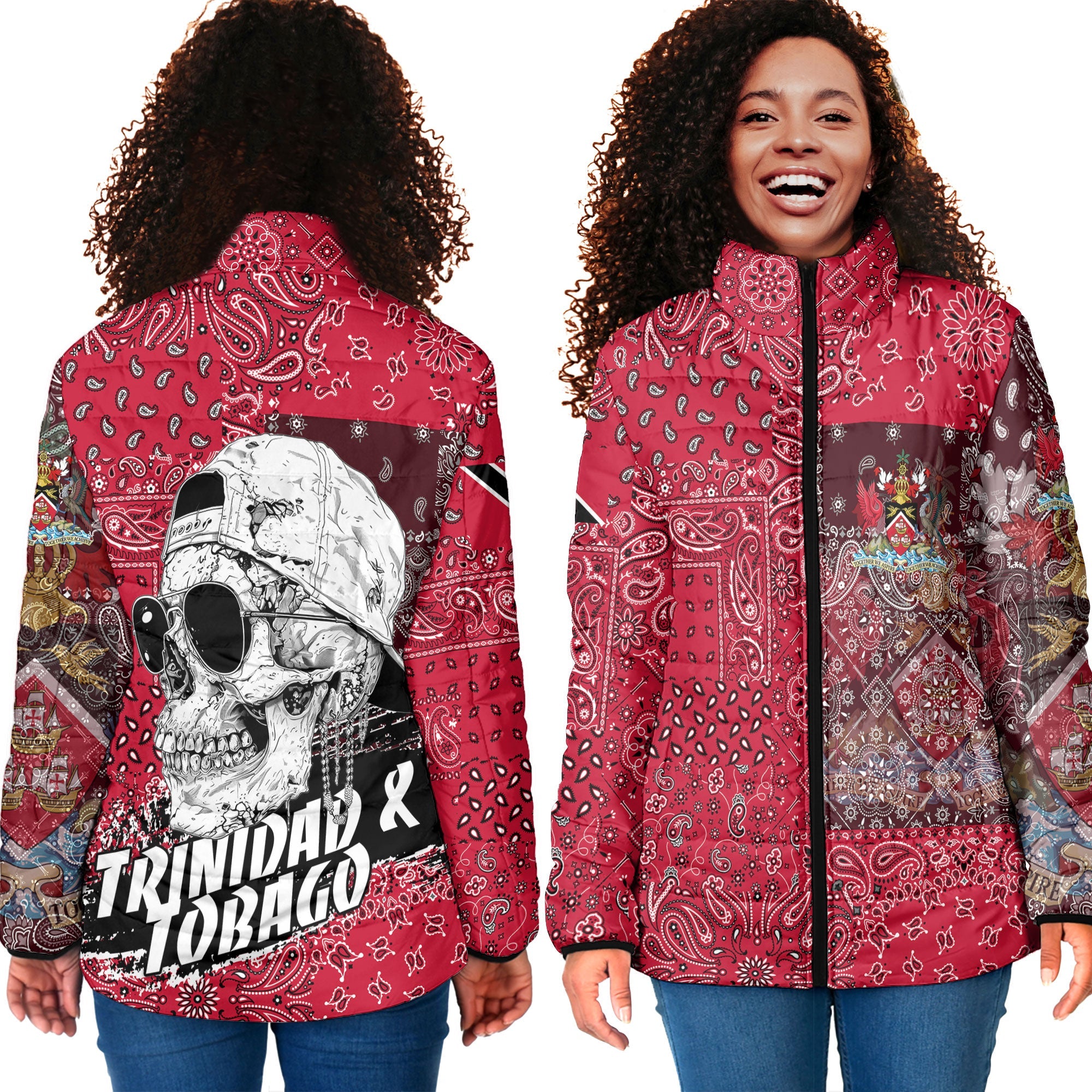 Trinidad And Tobago Women Padded Jacket Paisley Flag And Skull Style 4