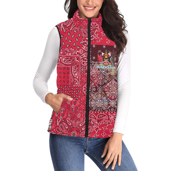 Trinidad And Tobago Women Padded Jacket Vest Paisley Flag And Skull Style 1