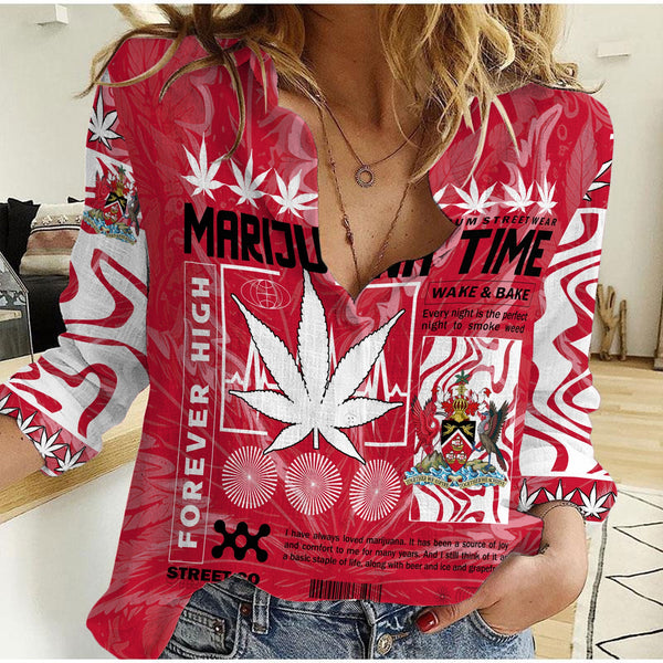 Trinidad and Tobago Women Casual Shirt Flag & Coat Of Arms Marijuanas Style