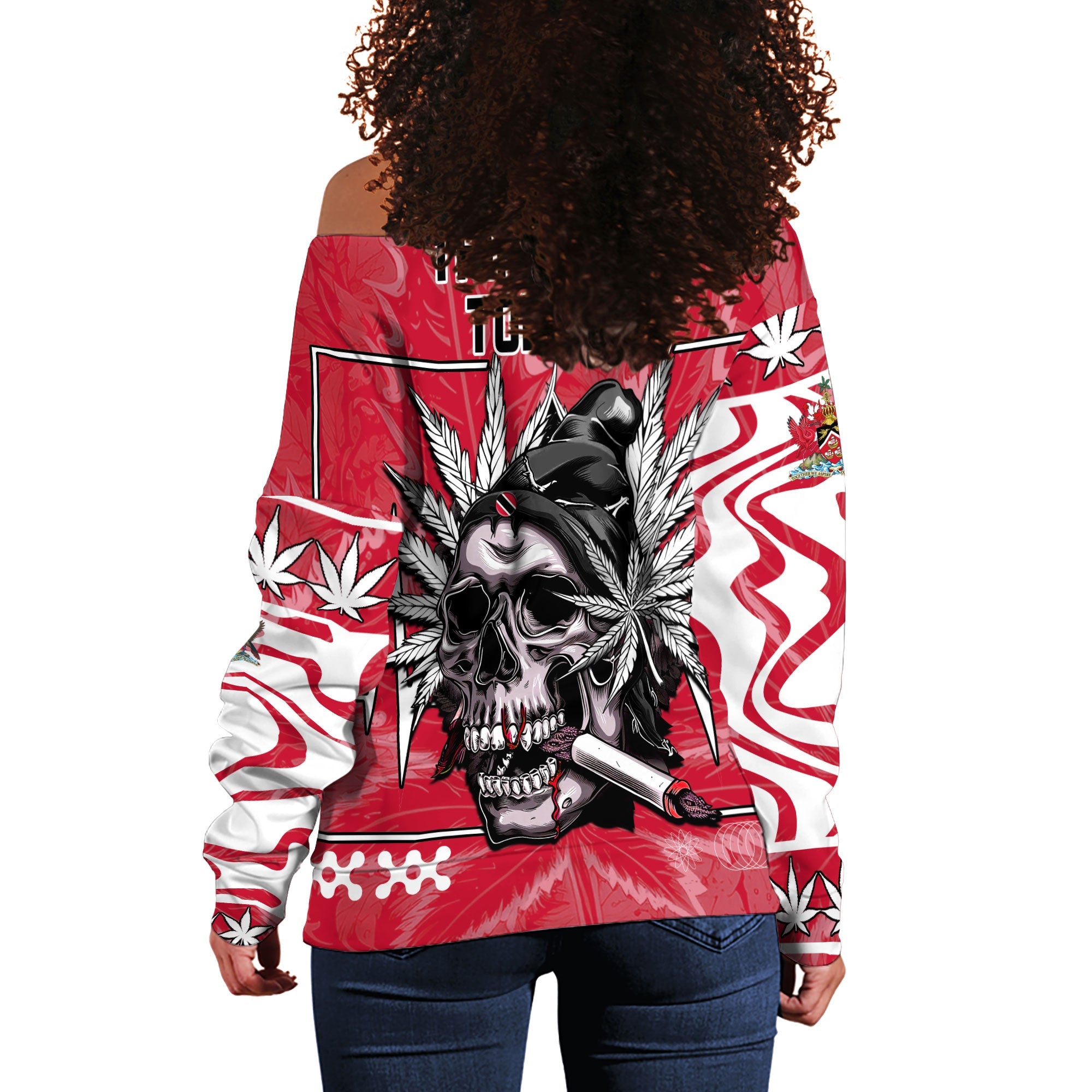 Trinidad and Tobago Women Off Shoulder Sweatshirt Flag & Coat Of Arms Marijuanas Style