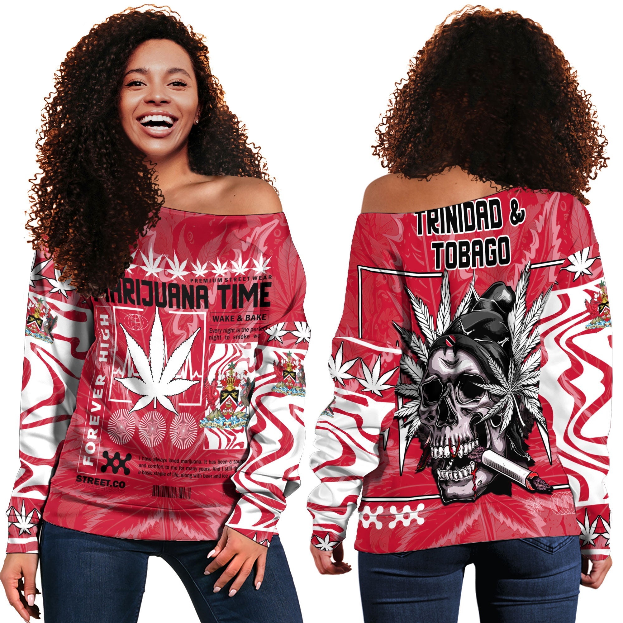 Trinidad and Tobago Women Off Shoulder Sweatshirt Flag & Coat Of Arms Marijuanas Style