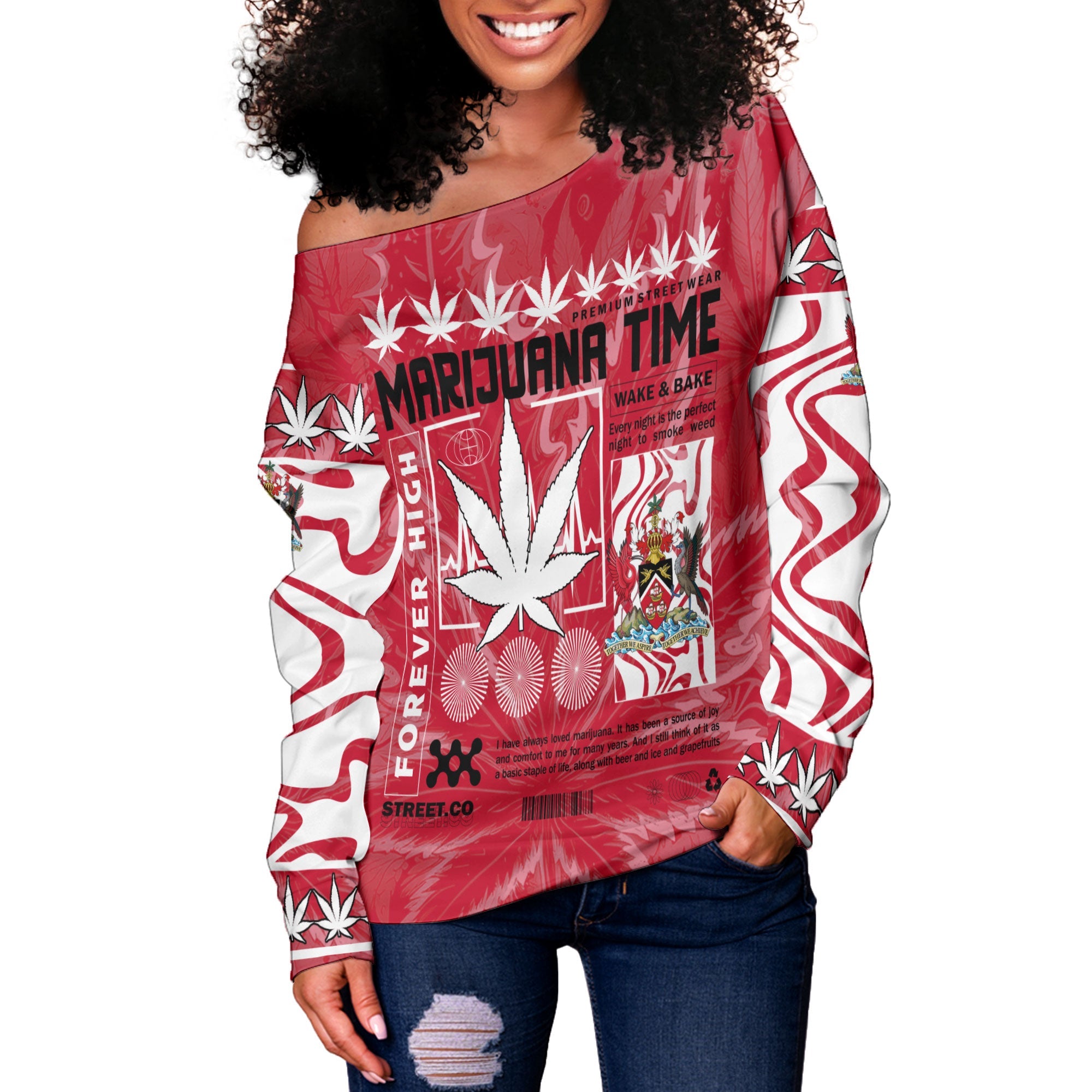 Trinidad and Tobago Women Off Shoulder Sweatshirt Flag & Coat Of Arms Marijuanas Style