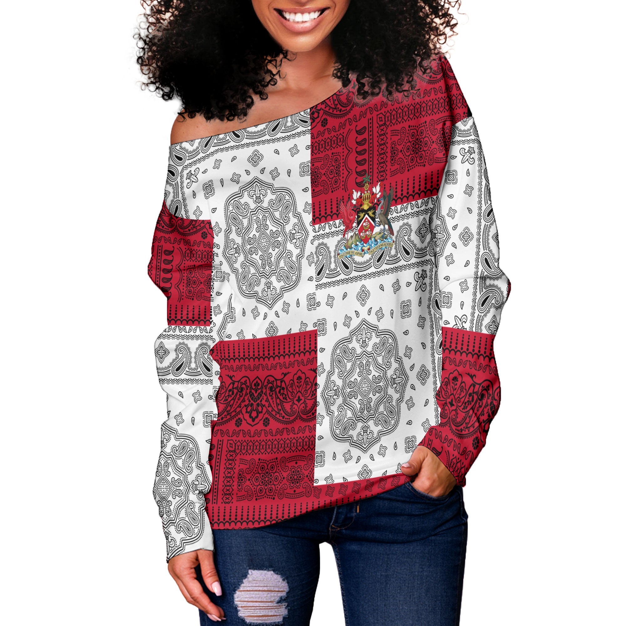 Trinidad And Tobago Women Off Shoulder Sweatshirt Flag And Paisley Basic Style 2