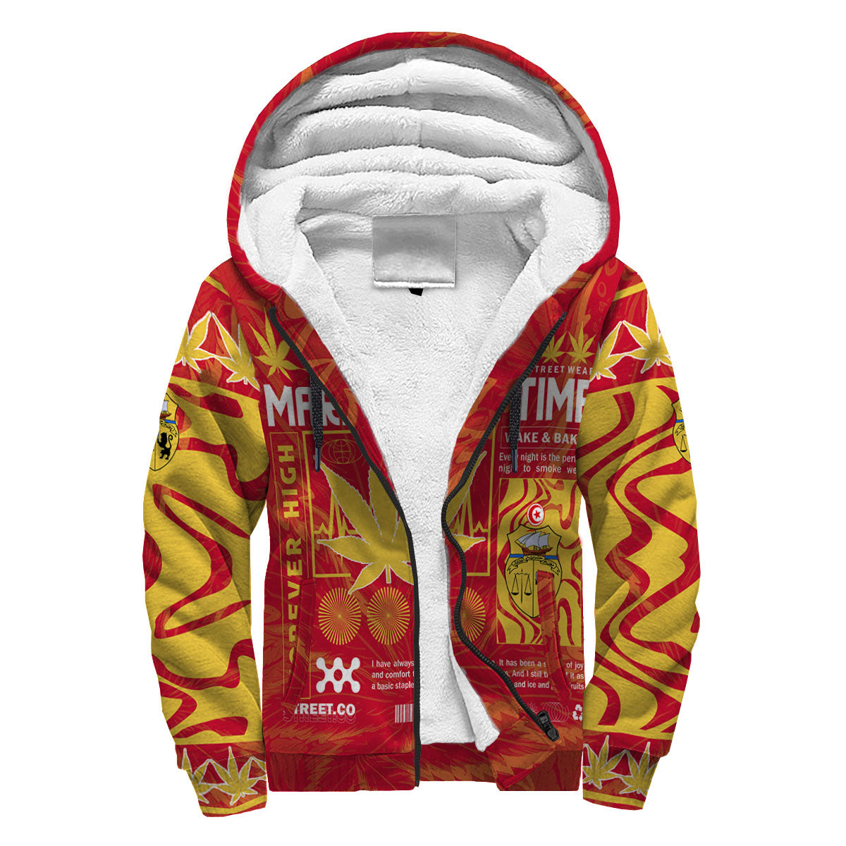 Tunisia Sherpa Hoodie Flag & Coat Of Arms Marijuanas Style