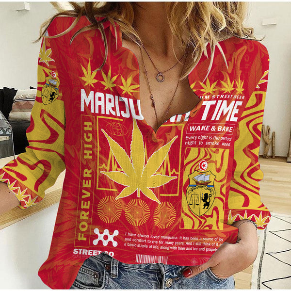 Tunisia Women Casual Shirt Flag & Coat Of Arms Marijuanas Style