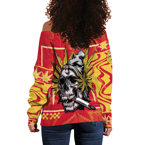 Tunisia Women Off Shoulder Sweatshirt Flag & Coat Of Arms Marijuanas Style