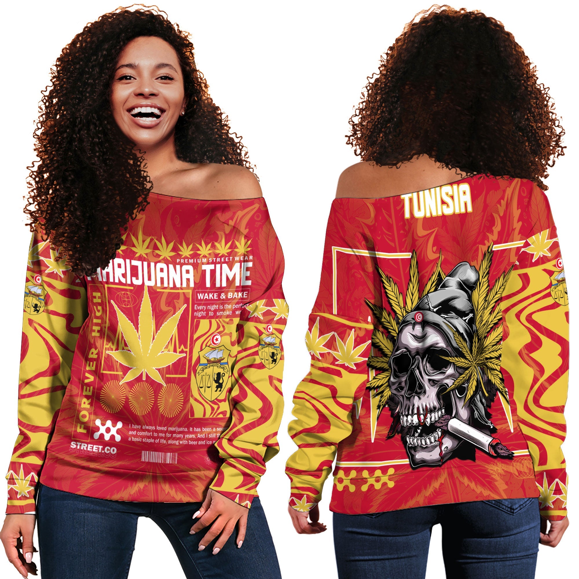 Tunisia Women Off Shoulder Sweatshirt Flag & Coat Of Arms Marijuanas Style