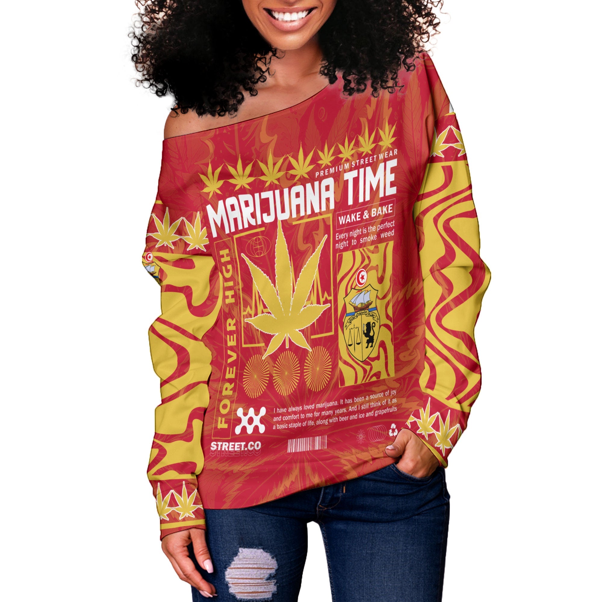 Tunisia Women Off Shoulder Sweatshirt Flag & Coat Of Arms Marijuanas Style