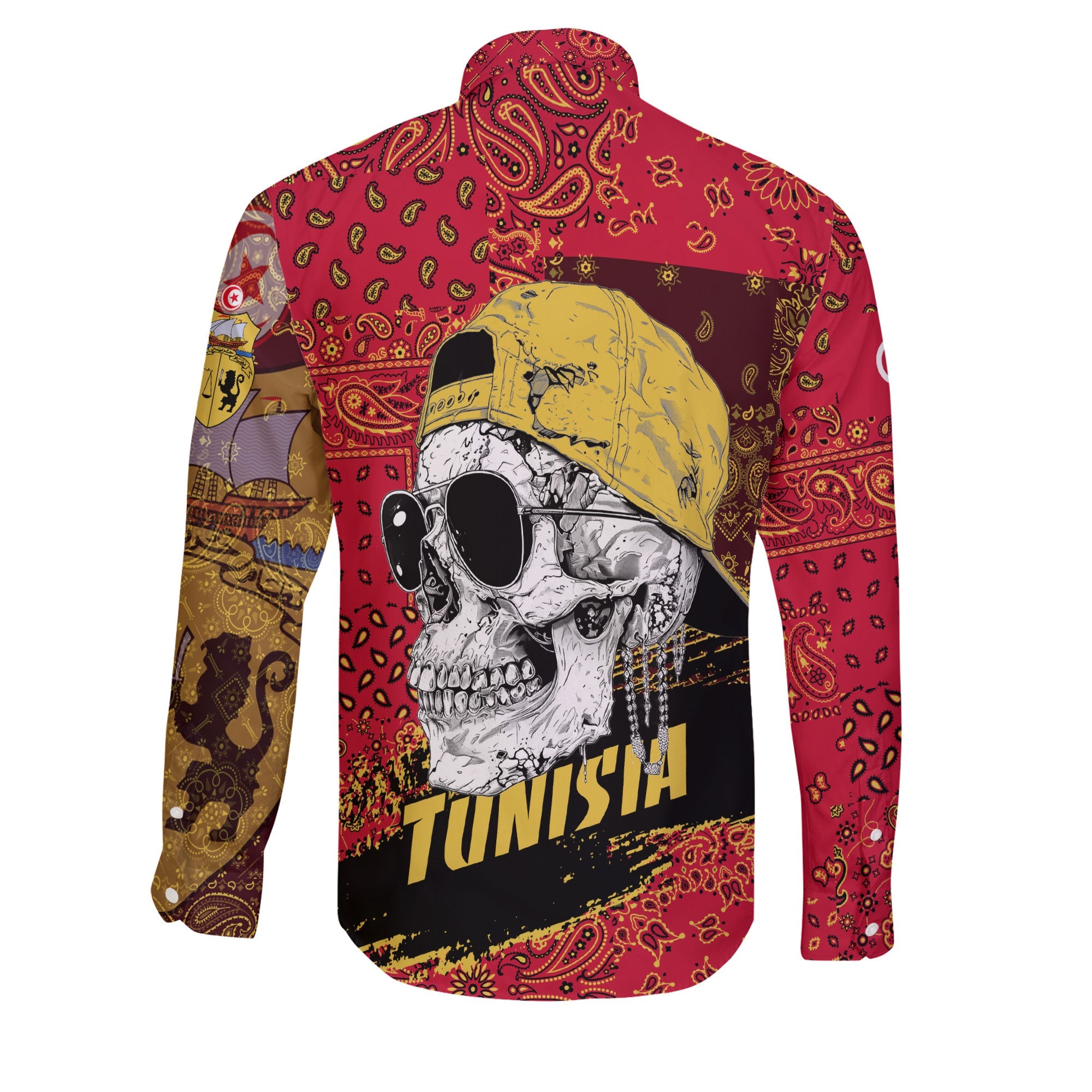 Tunisia Long Sleeve Button Shirt Paisley Flag And Skull Style 2