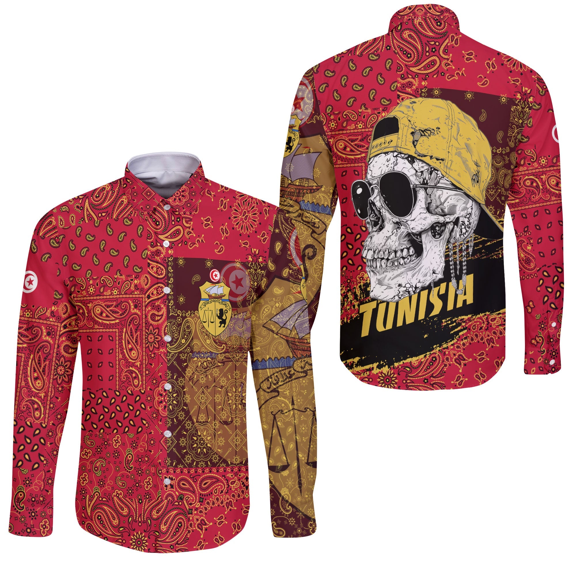 Tunisia Long Sleeve Button Shirt Paisley Flag And Skull Style 3