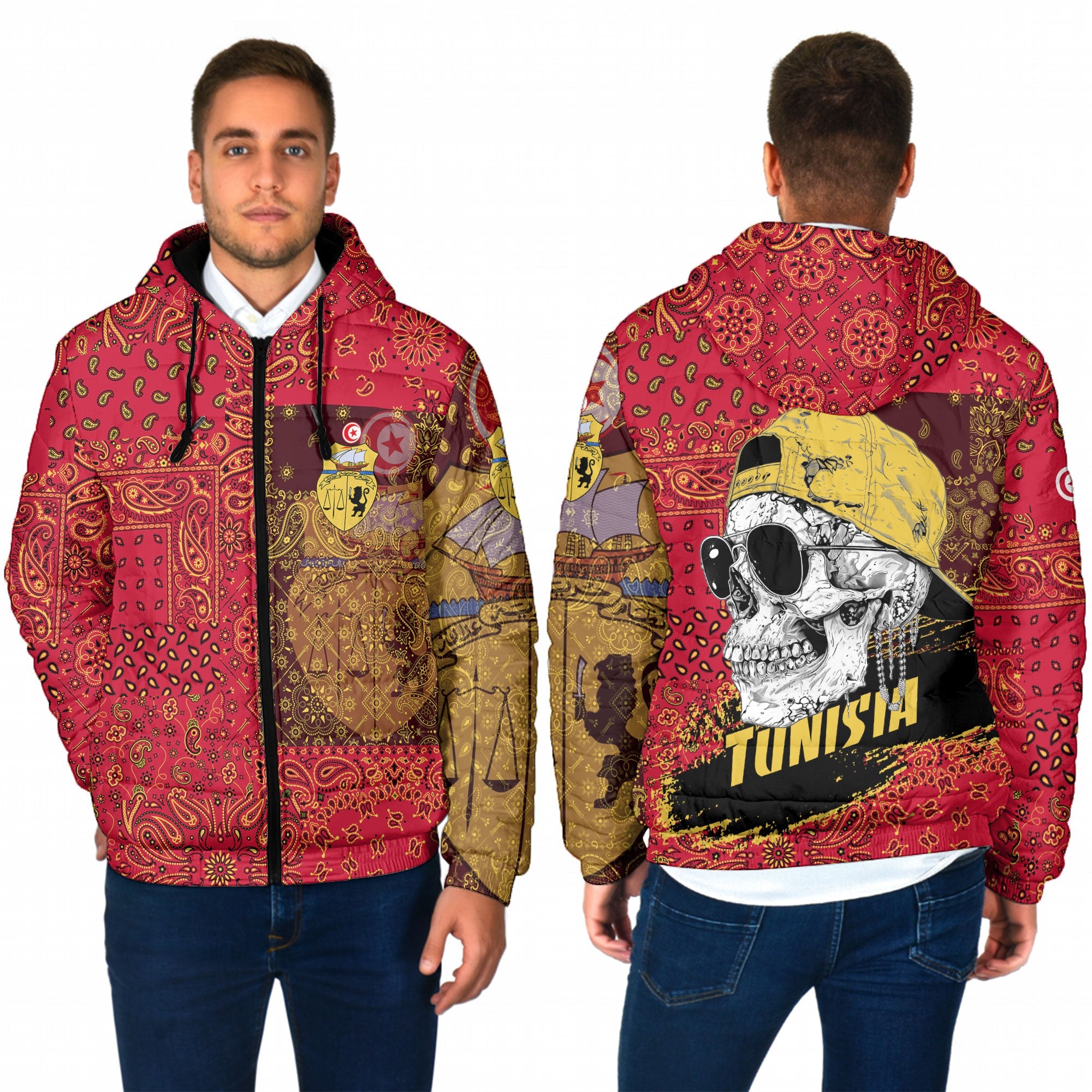 Tunisia Men Hooded Padded Jacket Paisley Flag And Skull Style 1