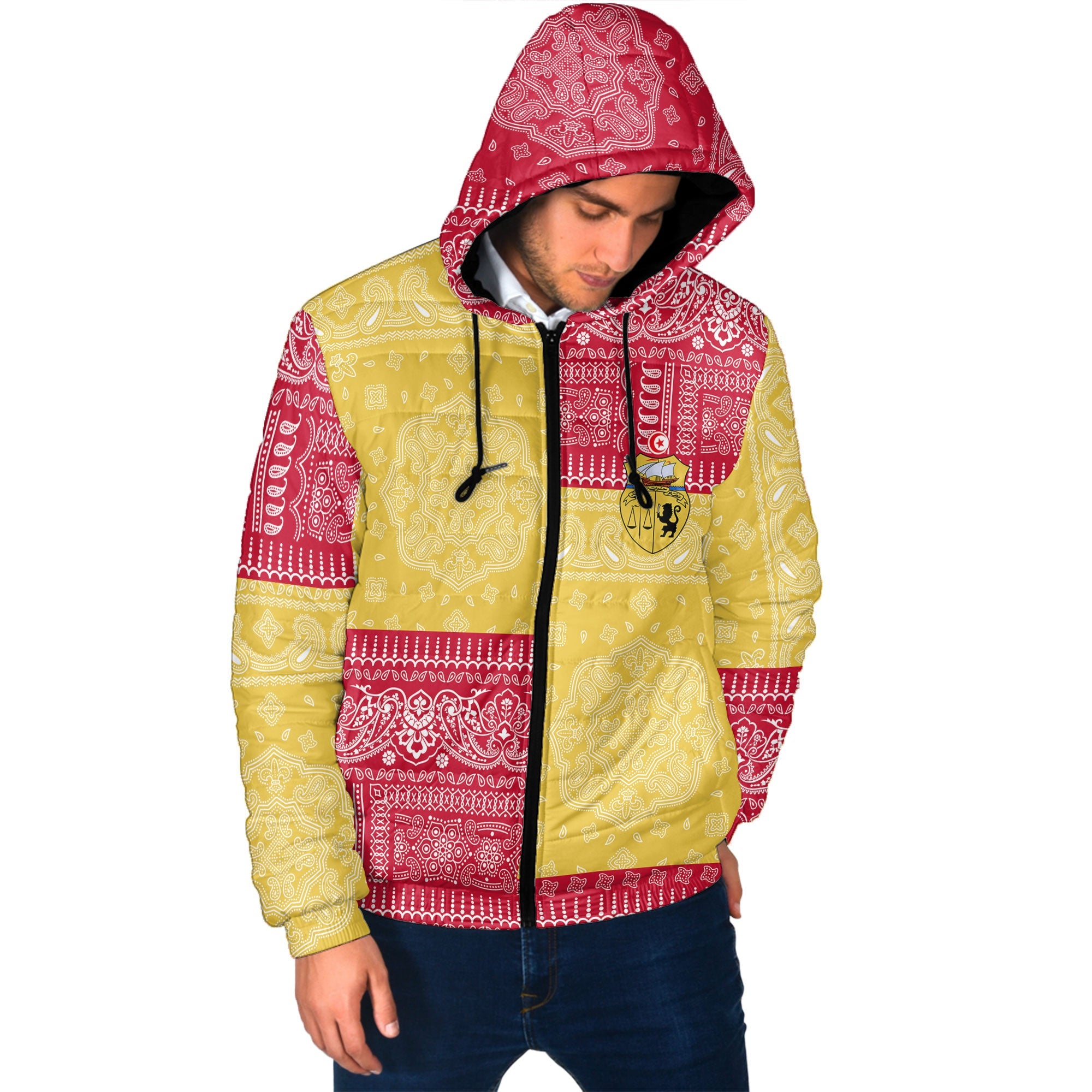 Tunisia Men Hooded Padded Jacket Flag And Paisley Basic Style 2