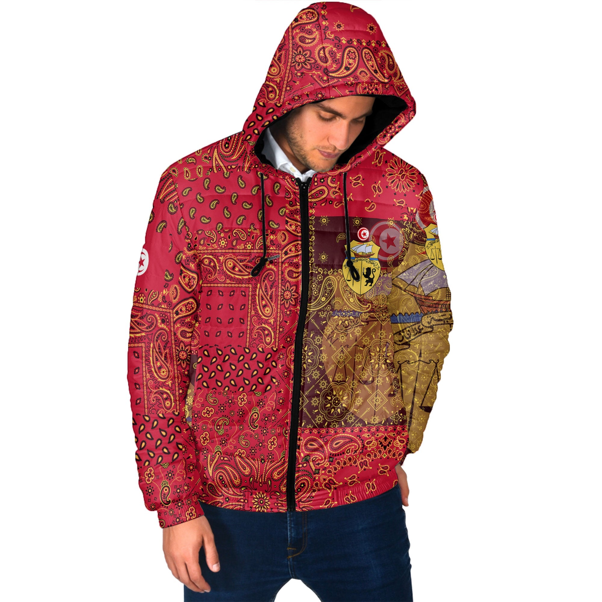 Tunisia Men Hooded Padded Jacket Paisley Flag And Skull Style 2