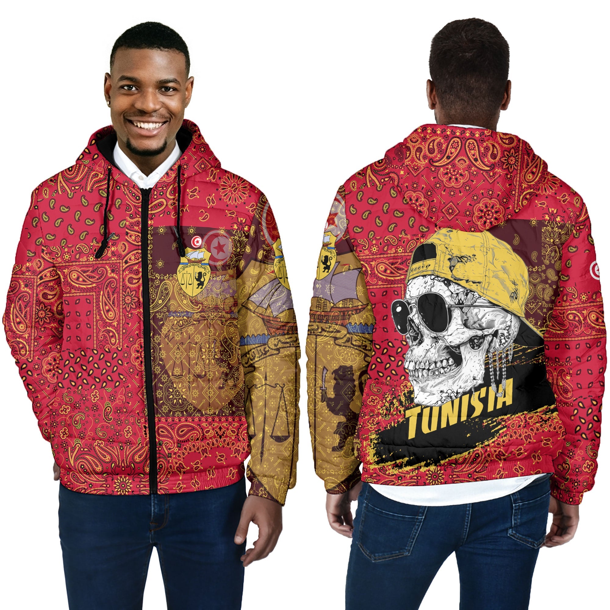 Tunisia Men Hooded Padded Jacket Paisley Flag And Skull Style 4