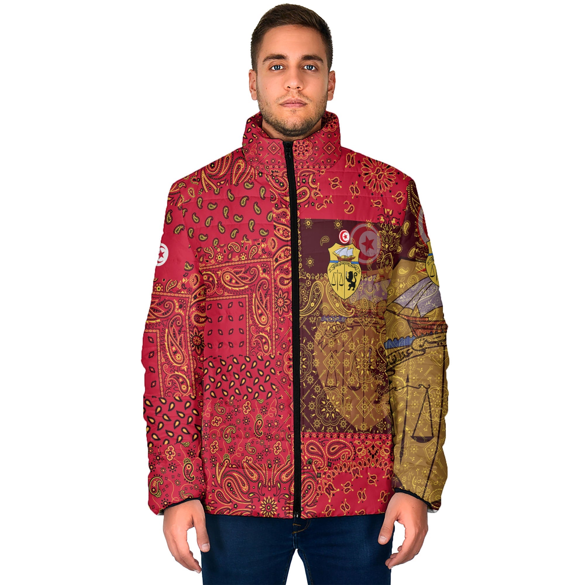 Tunisia Men Padded Jacket Paisley Flag And Skull Style 1