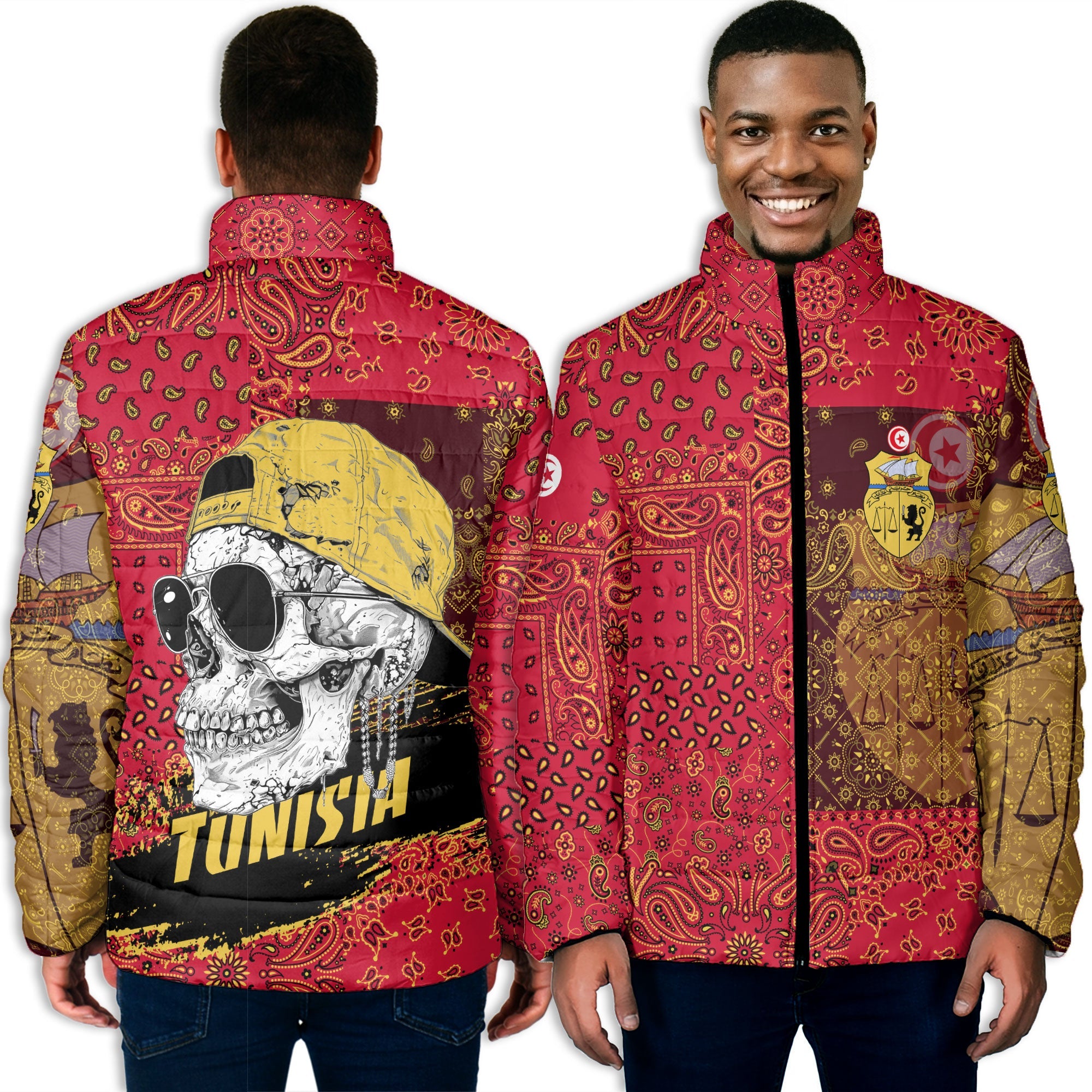 Tunisia Men Padded Jacket Paisley Flag And Skull Style 3