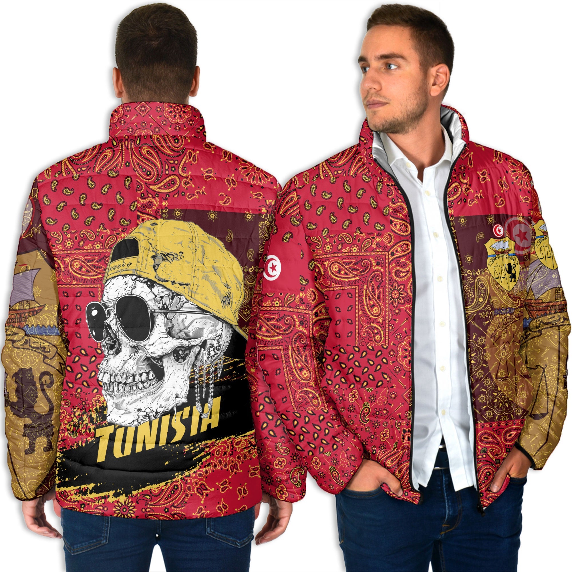 Tunisia Men Padded Jacket Paisley Flag And Skull Style 4