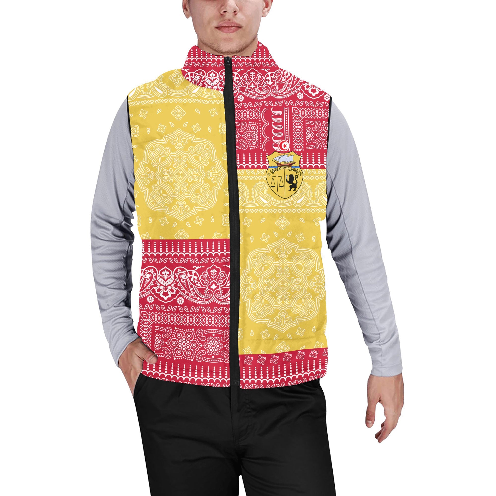 Tunisia Men Padded Jacket Vest Flag And Paisley Basic Style 1