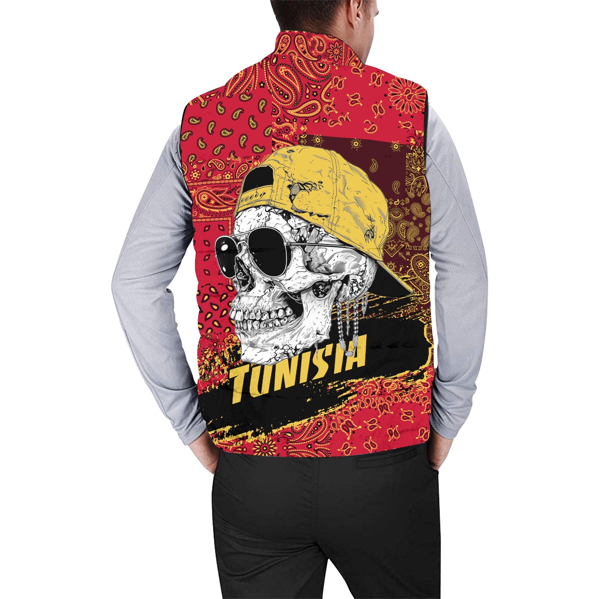 Tunisia Men Padded Jacket Vest Paisley Flag And Skull Style 2