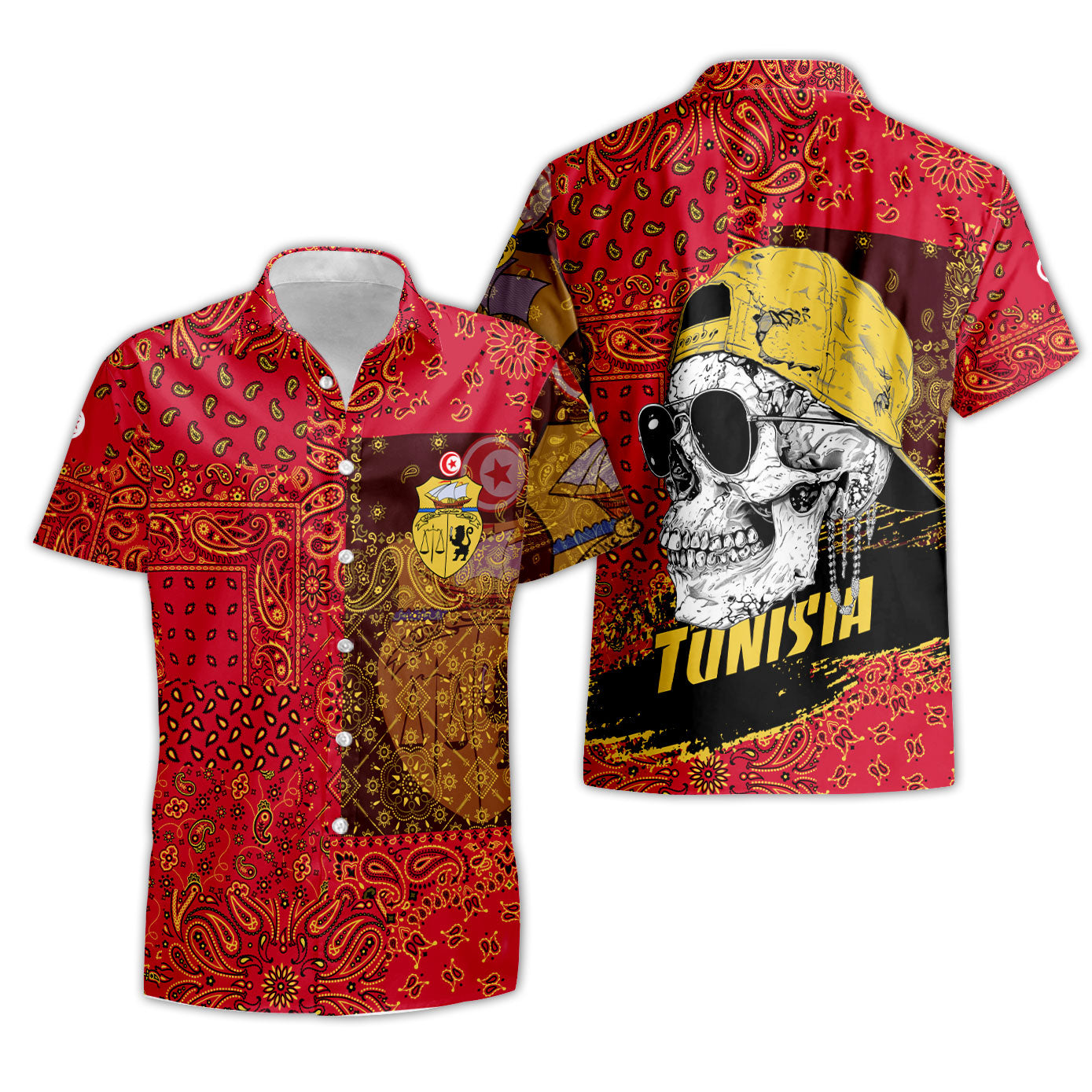 Tunisia Short Sleeve Shirt Paisley Flag And Skull Style 3