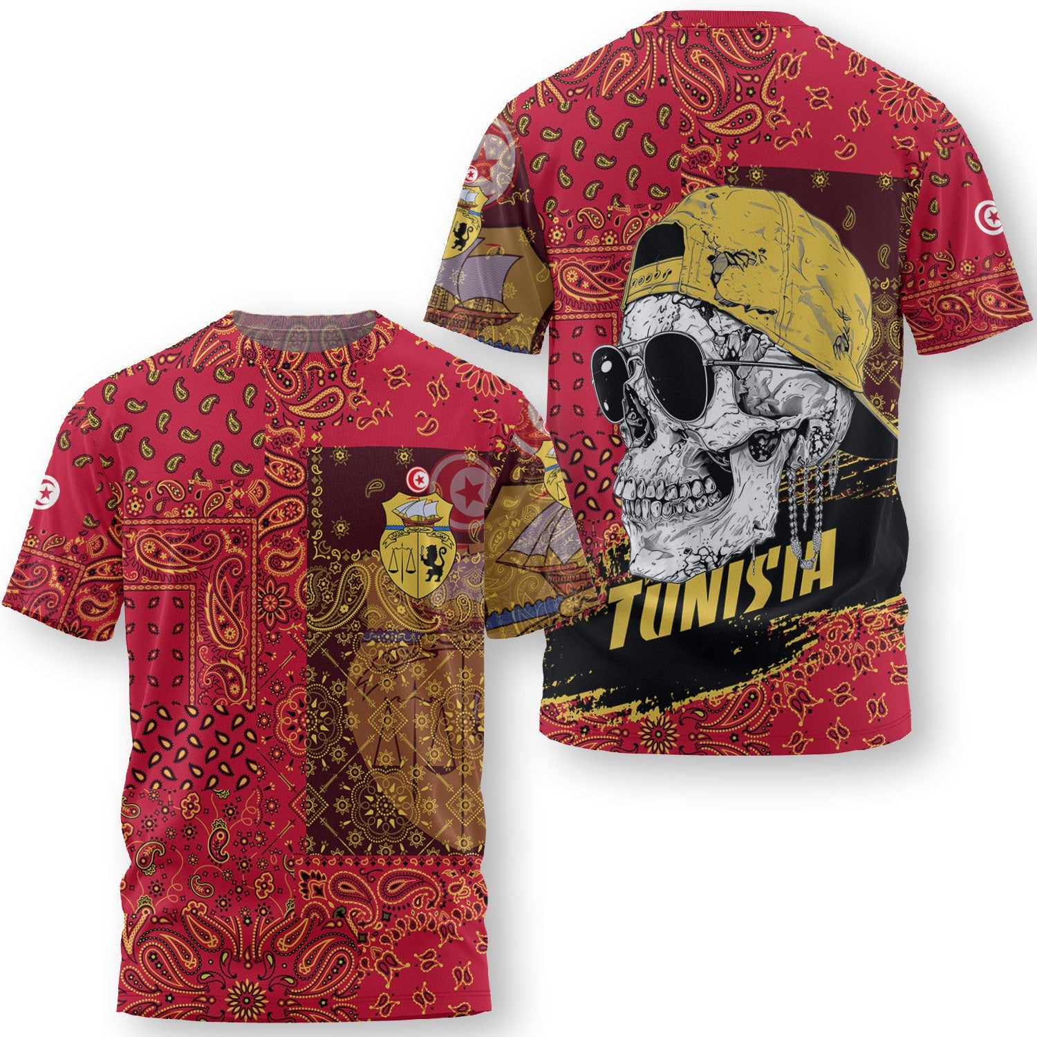 Tunisia T Shirt Paisley Flag And Skull Style 3