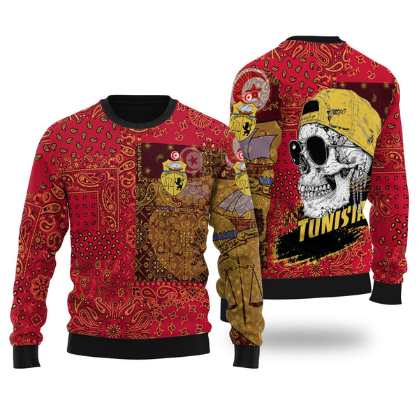 Tunisia Ugly Sweater Paisley Flag And Skull Style 1