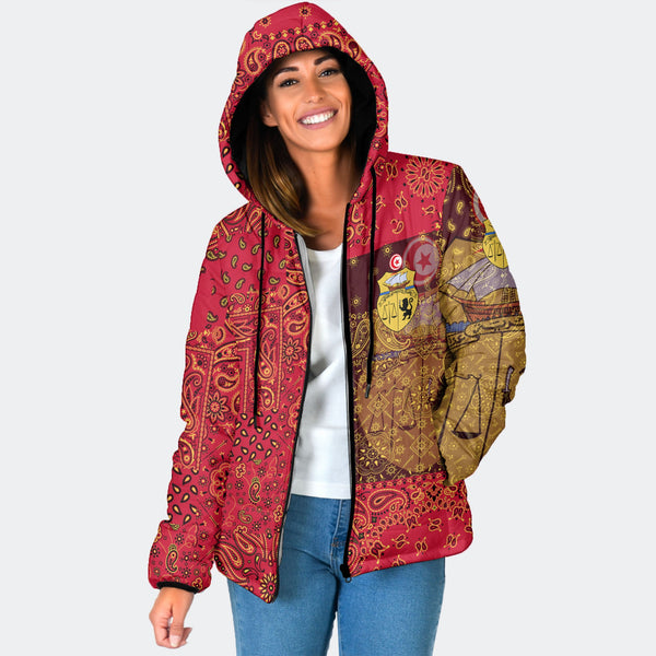 Tunisia Women Hooded Padded Jacket Paisley Flag And Skull Style 1