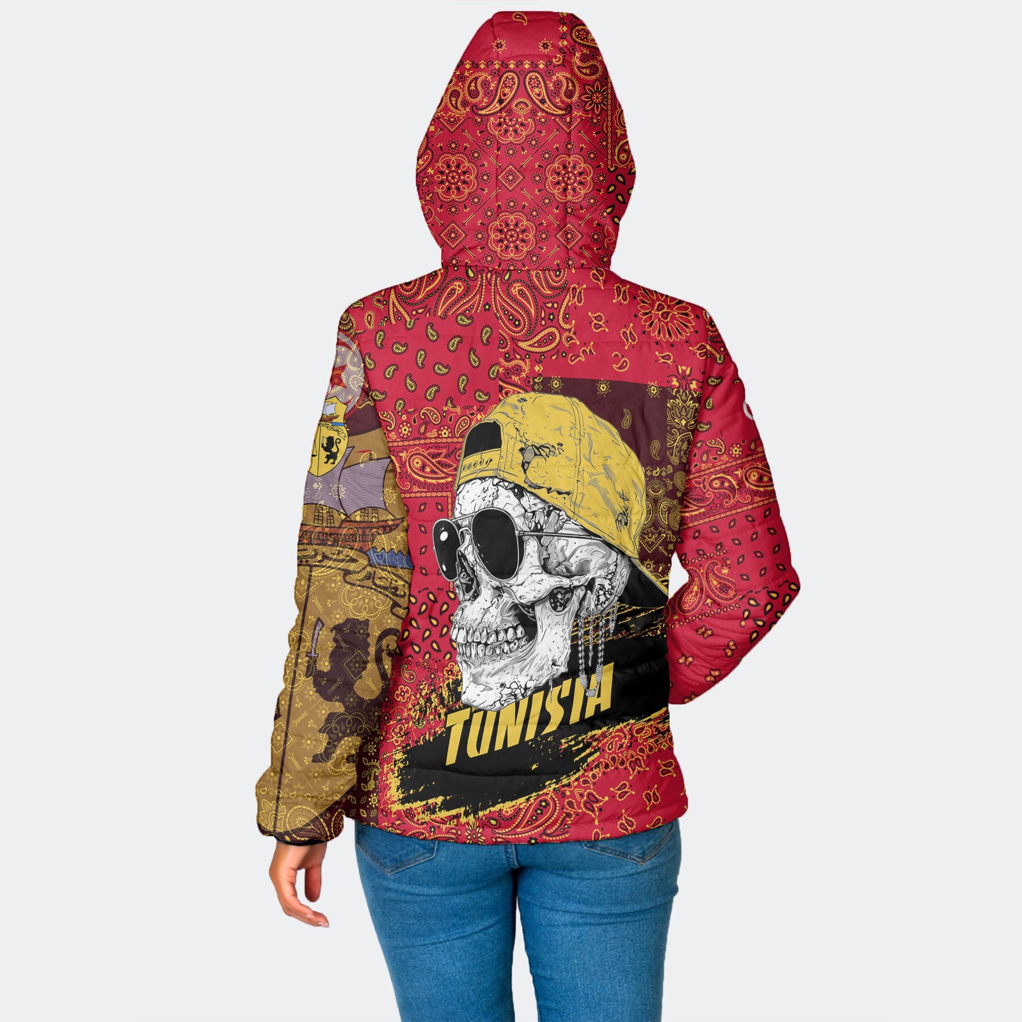 Tunisia Women Hooded Padded Jacket Paisley Flag And Skull Style 2