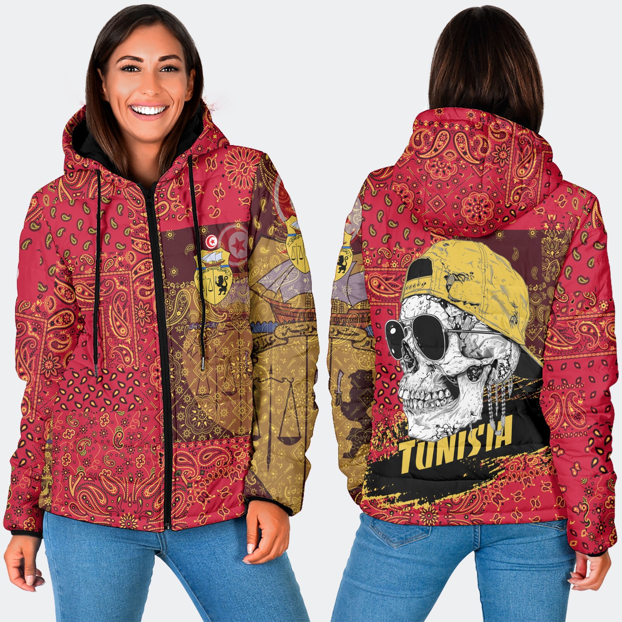 Tunisia Women Hooded Padded Jacket Paisley Flag And Skull Style 3