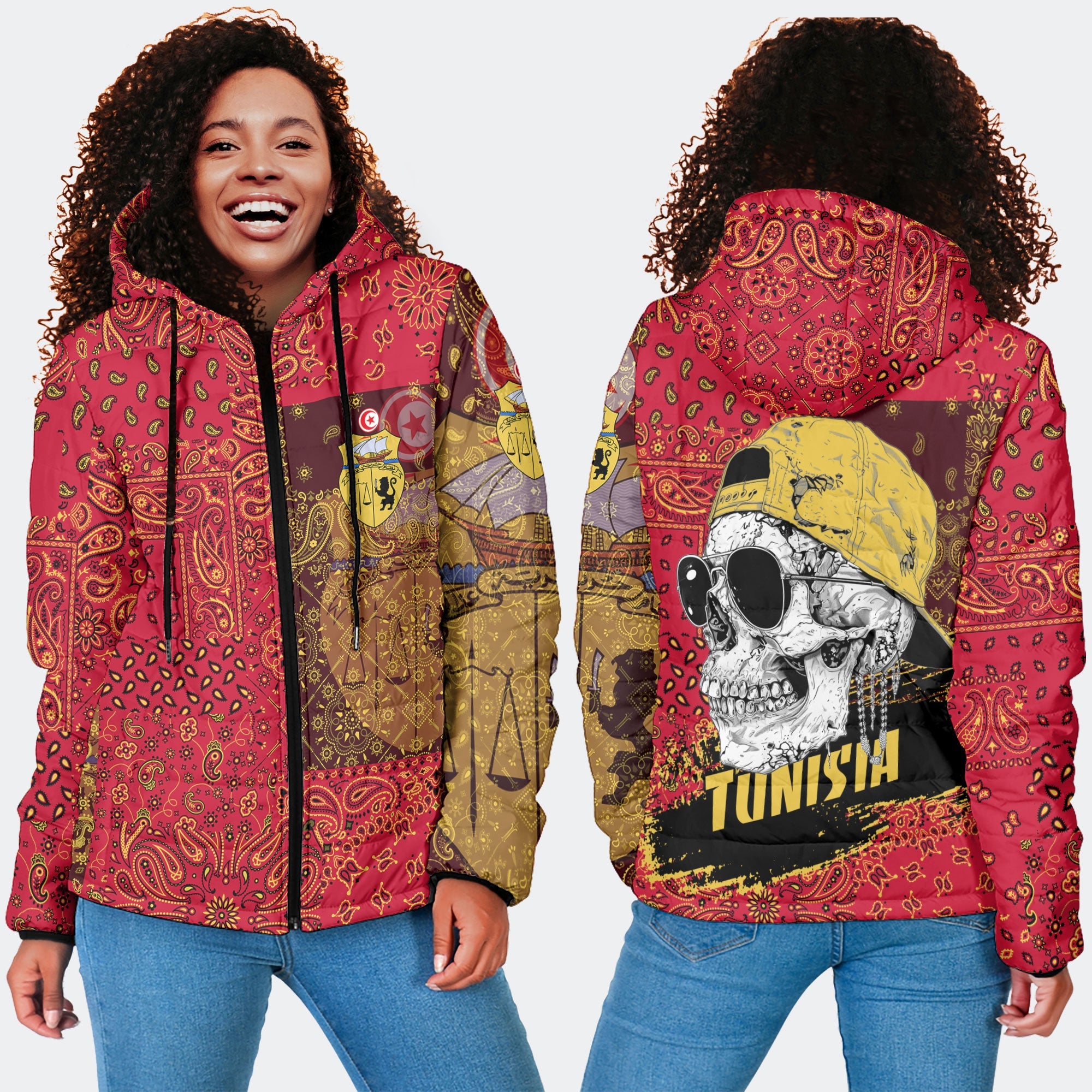 Tunisia Women Hooded Padded Jacket Paisley Flag And Skull Style 4