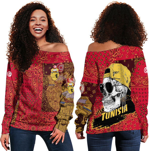 Tunisia Women Off Shoulder Sweatshirt Paisley Flag And Skull Style 1