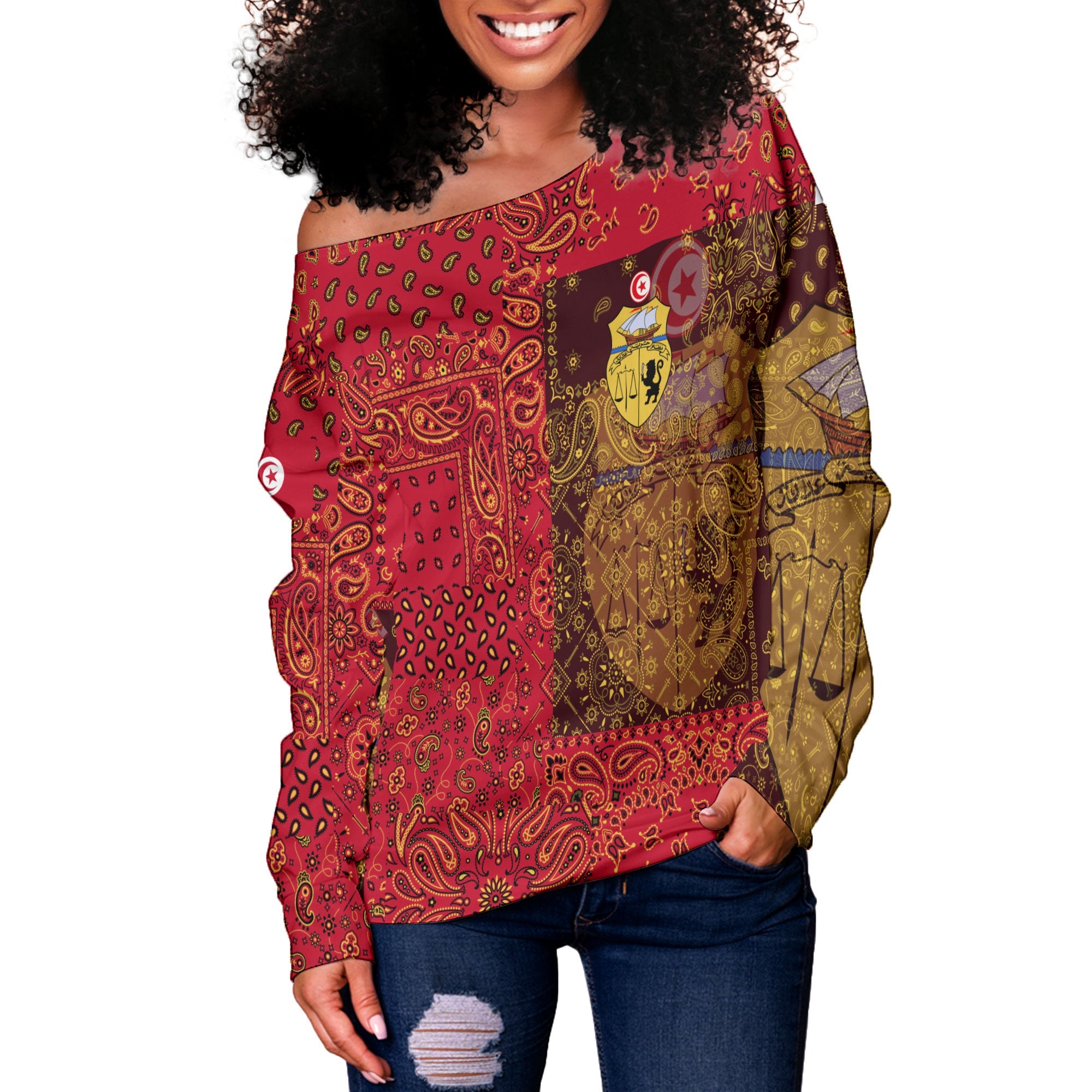 Tunisia Women Off Shoulder Sweatshirt Paisley Flag And Skull Style 2