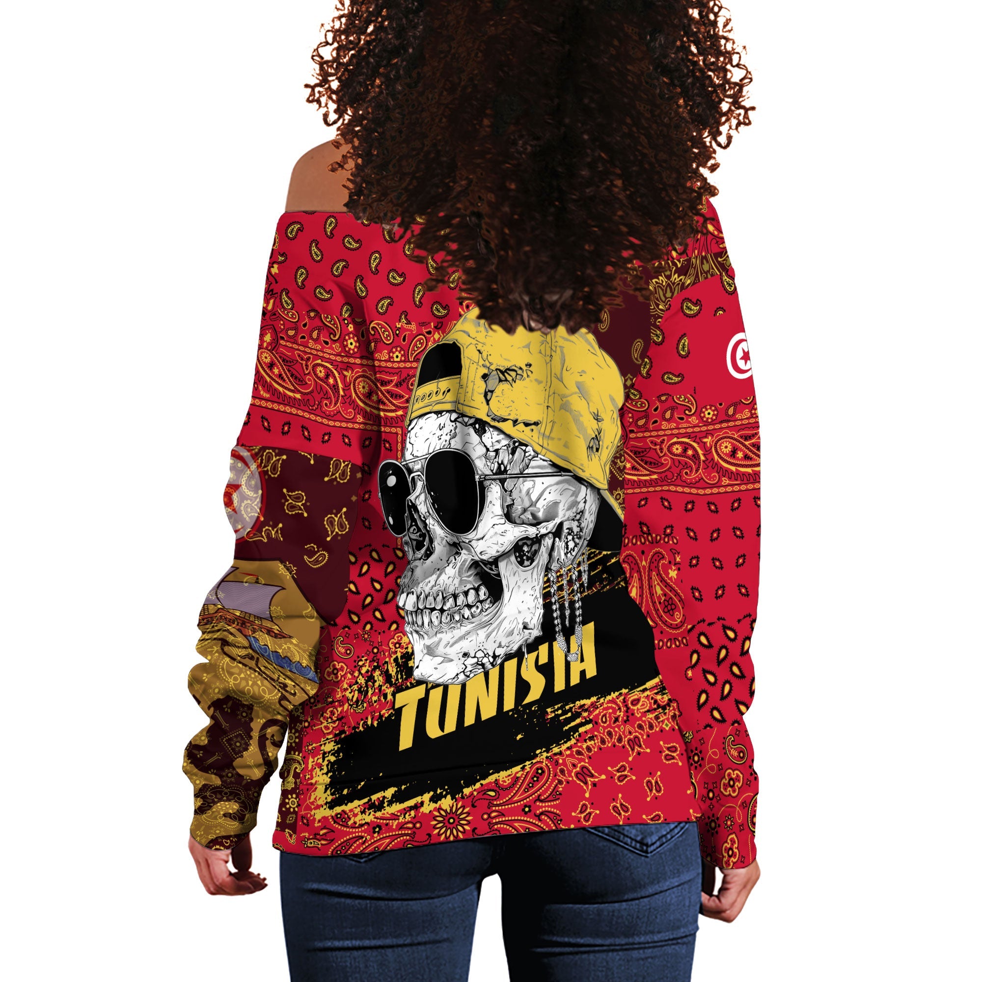 Tunisia Women Off Shoulder Sweatshirt Paisley Flag And Skull Style 3