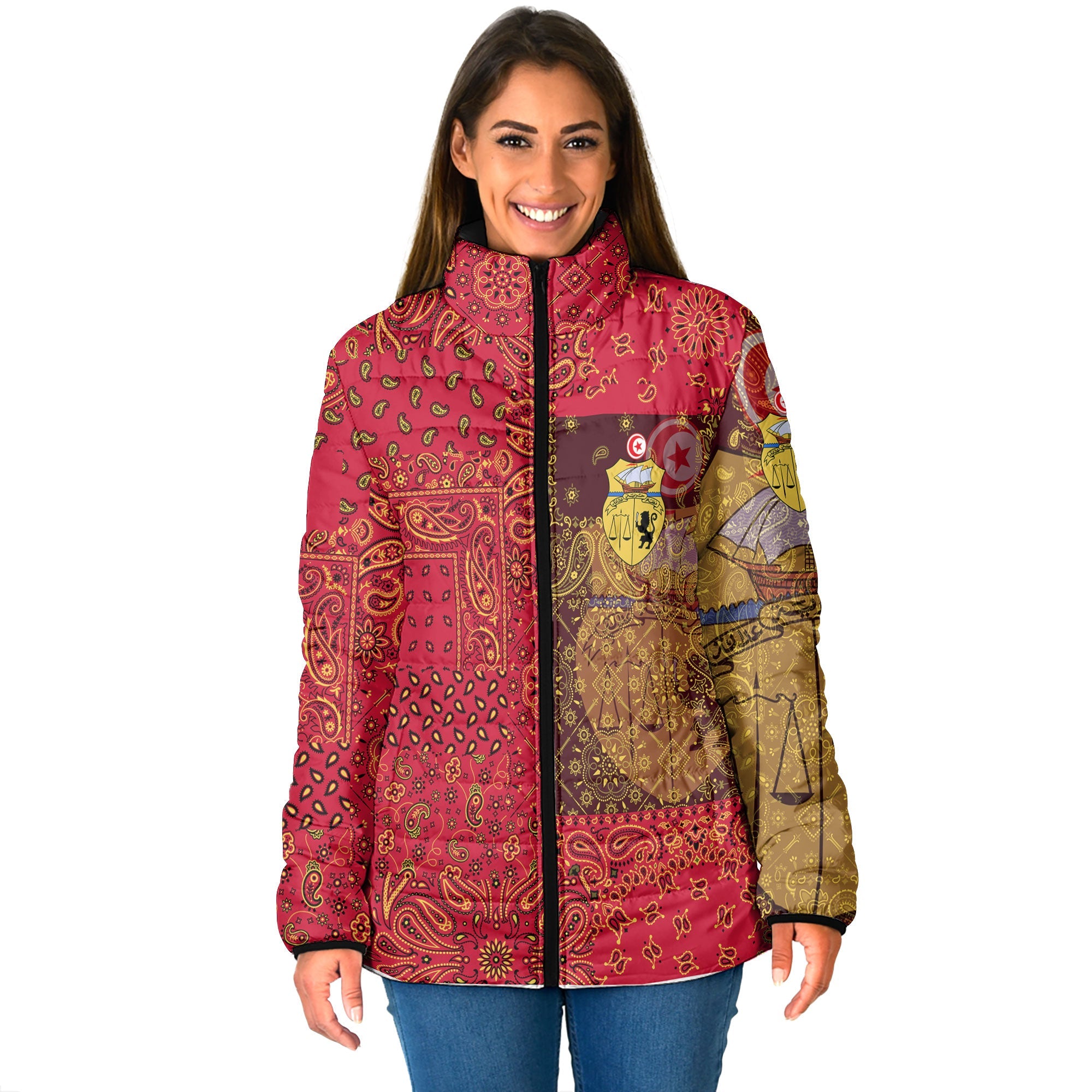 Tunisia Women Padded Jacket Paisley Flag And Skull Style 1