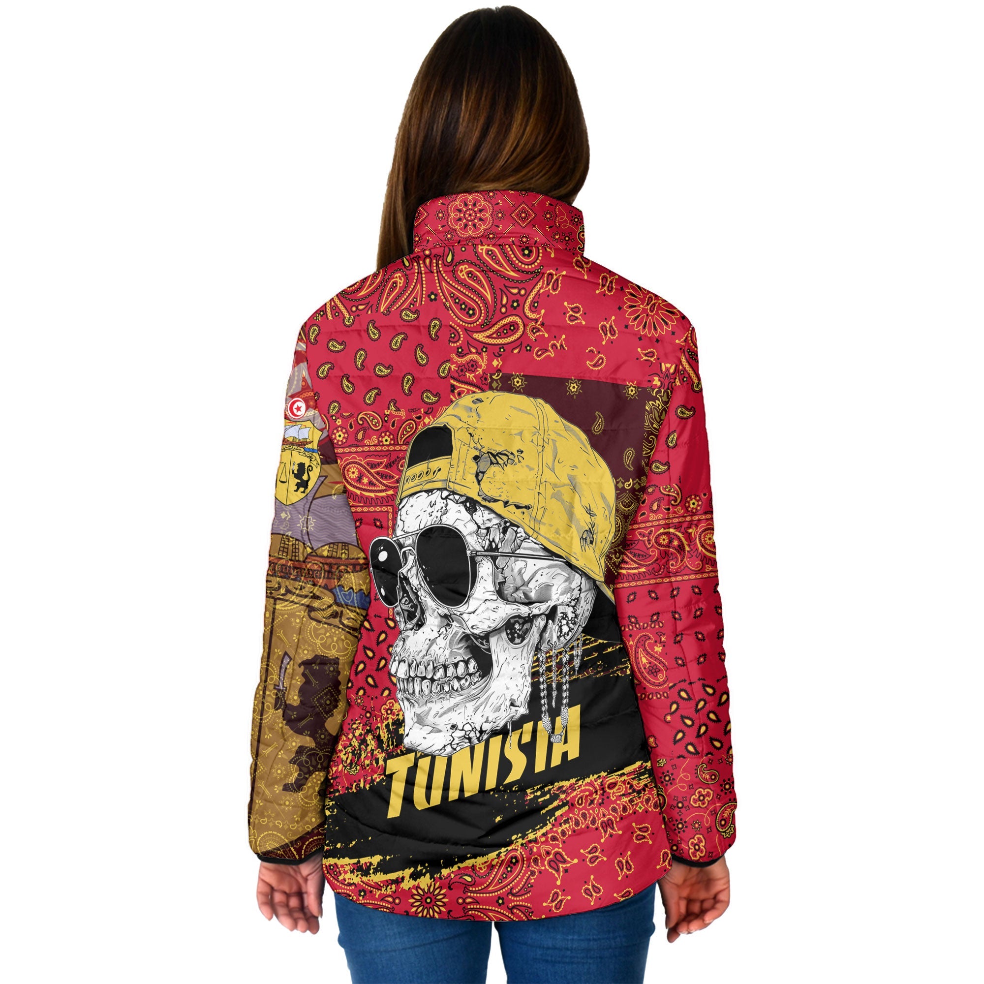 Tunisia Women Padded Jacket Paisley Flag And Skull Style 2